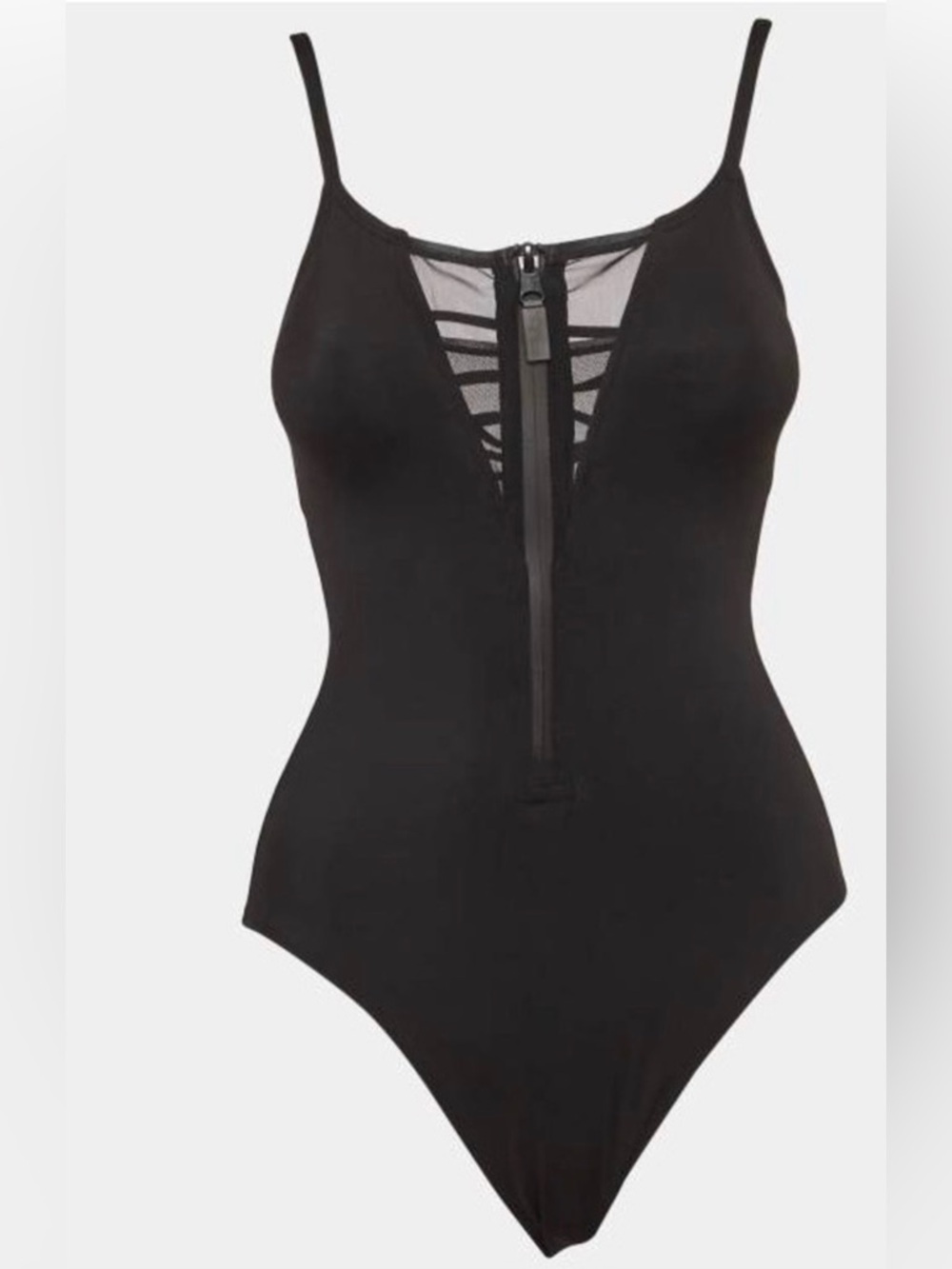 TA3 Black HI CUT ZIPPY MEDIUM SHORT Zip-Front One-Piece Swimsuit Mesh Inset NEW